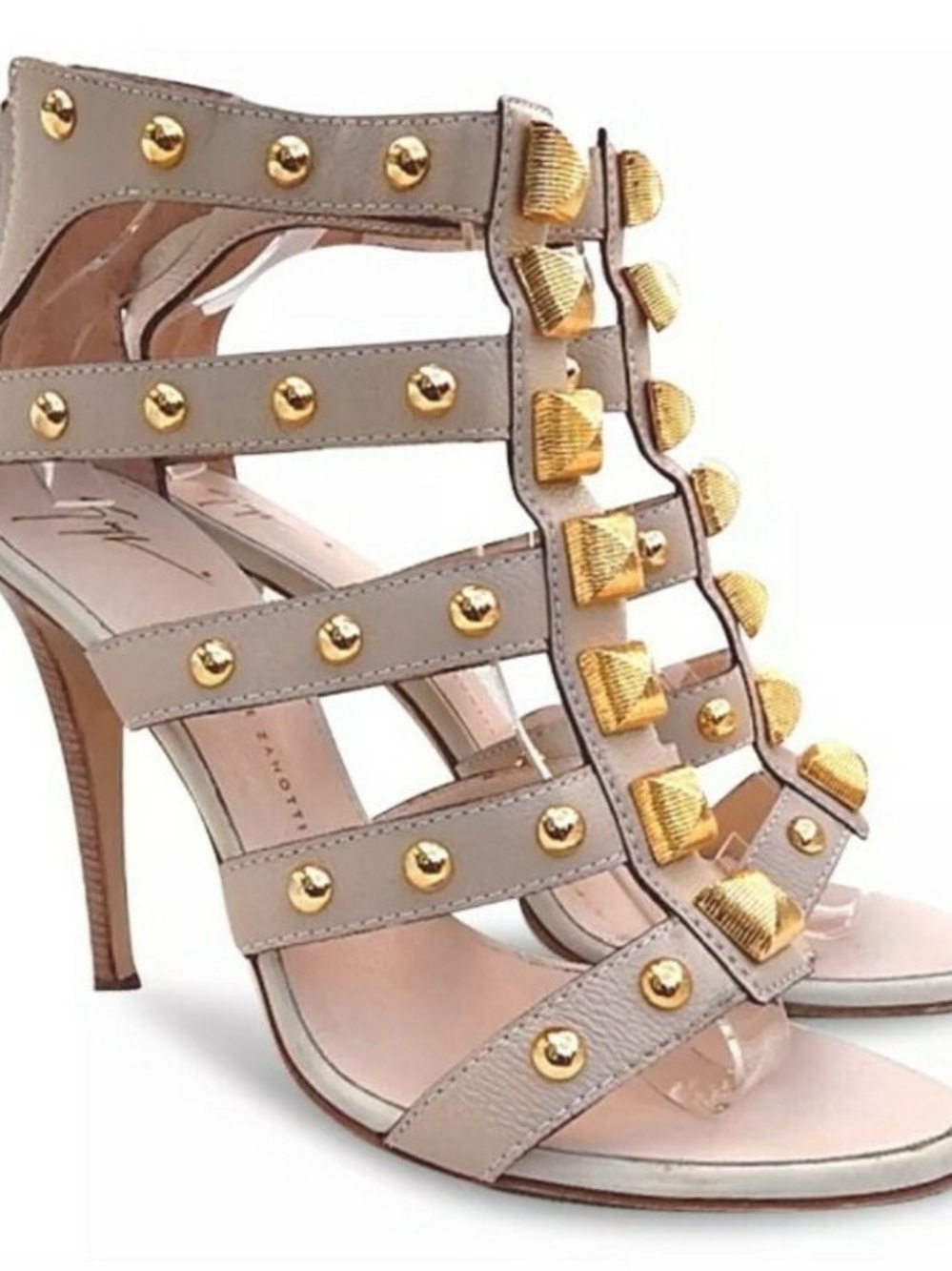 Giuseppe Zanotti Beige Strappy High Heel Sandals with Gold Studs